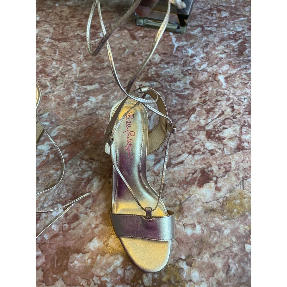 New Lilly Pulitzer Aria Gold Leather Cork Wedge Lace Up Heel Sandals Sz 6M, $198